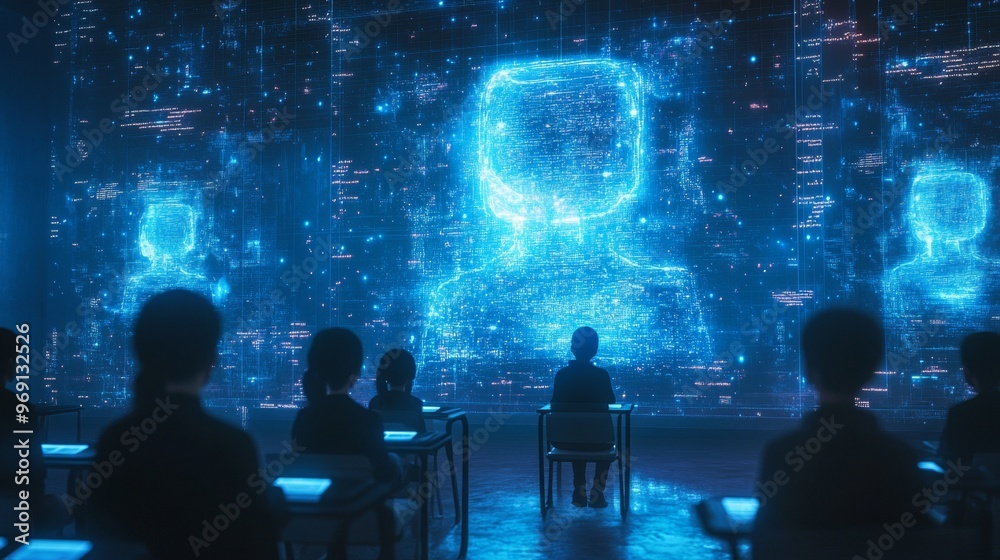 Futuristic holographic classrooms with AI teachers and virtual lessons: Students learning in a classroom where lessons are projected in 3D holograms. Futuristic holographic classrooms with AI teachers and virtual lessons: Students learning in a classroom where lessons are projected in 3D holograms.