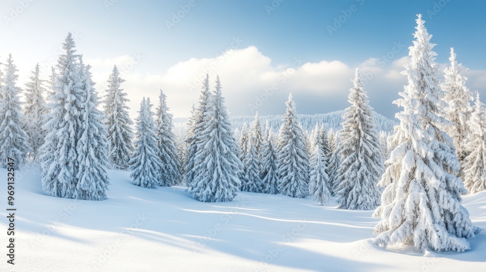 A serene winter landscape with snow-covered trees under a blue sky. A serene winter landscape with snow-covered trees under a blue sky.
