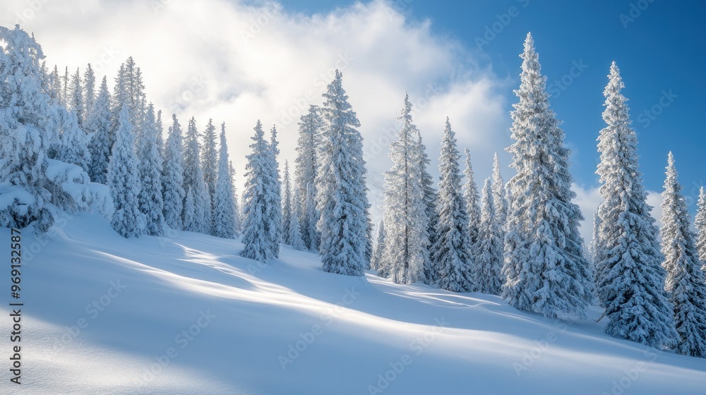 A serene winter landscape with snow-covered trees under a bright blue sky. A serene winter landscape with snow-covered trees under a bright blue sky.