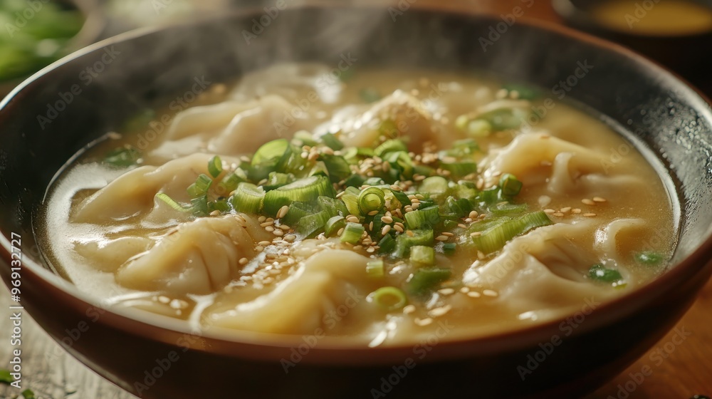Steaming bowl of wonton soup with scallions and sesame seeds Steaming bowl of wonton soup with scallions and sesame seeds