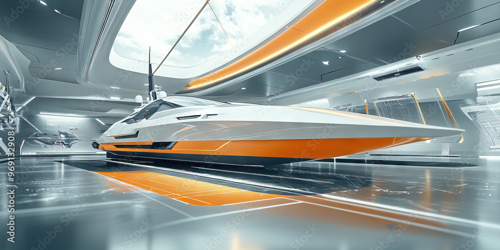 Fototapeta premium Sailing into Innovation: A sleek yacht surrounded by prototypes and blueprints on display.