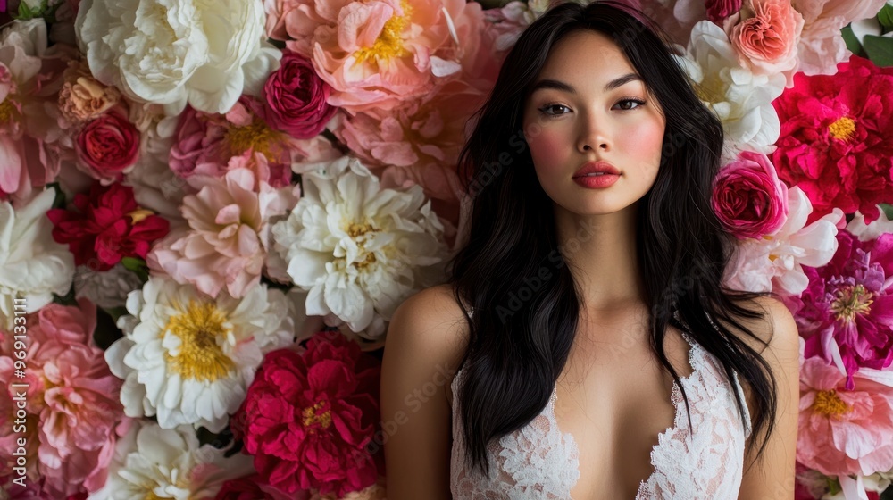 A portrait of a woman against a vibrant floral backdrop, emphasizing beauty and elegance. A portrait of a woman against a vibrant floral backdrop, emphasizing beauty and elegance.