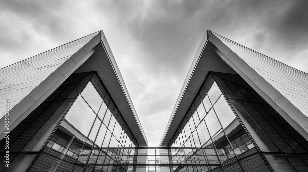 Fototapeta premium A striking black-and-white architectural image showcasing modern building design and symmetry.