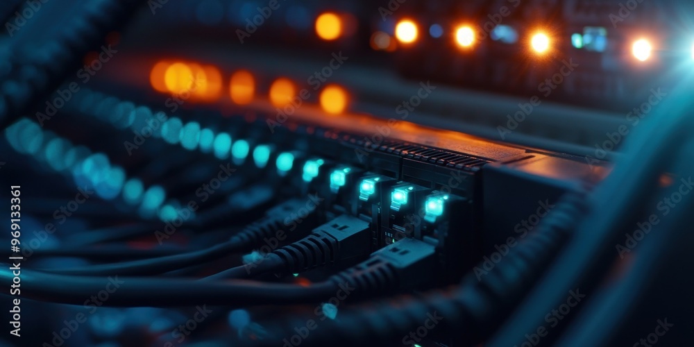 Network Switch with Plugged-In Ethernet Cables Network Switch with Plugged-In Ethernet Cables