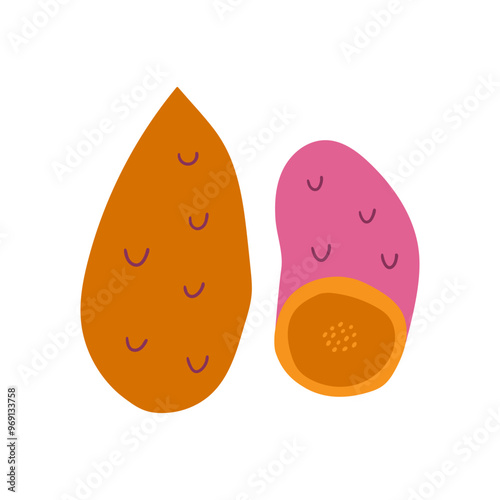 Sweet potato hand drawn flat vector illustration. Fresh pink, purple and orange vegetable print for kitchen, menu, food package design. Healthy cute organic product.