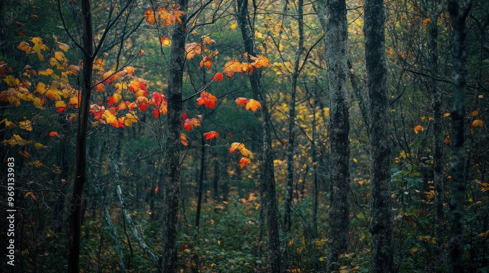A serene forest scene showcasing autumn foliage amidst tall trees. A serene forest scene showcasing autumn foliage amidst tall trees.