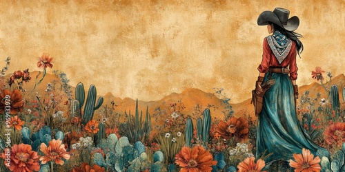 Cowgirl in a Desert Garden with Vibrant Blooms