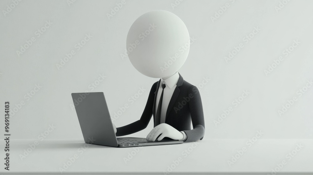 Businessman Working on Laptop Minimalist Office Design White Background Businessman Working on Laptop Minimalist Office Design White Background