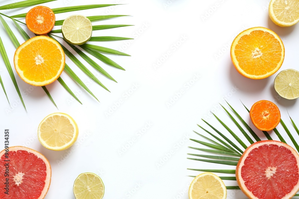 Tropical fruits on a white background. Summer concept. Flat lay, top view, copy space Tropical fruits on a white background. Summer concept. Flat lay, top view, copy space