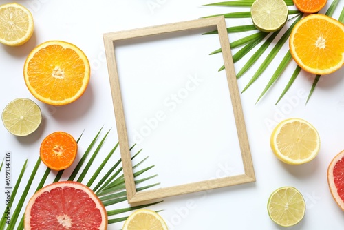 Summer tropical composition with a wooden frame. Green palm leaves and tropical fruits on a white background. Summer concept. Flat lay, top view, copy space