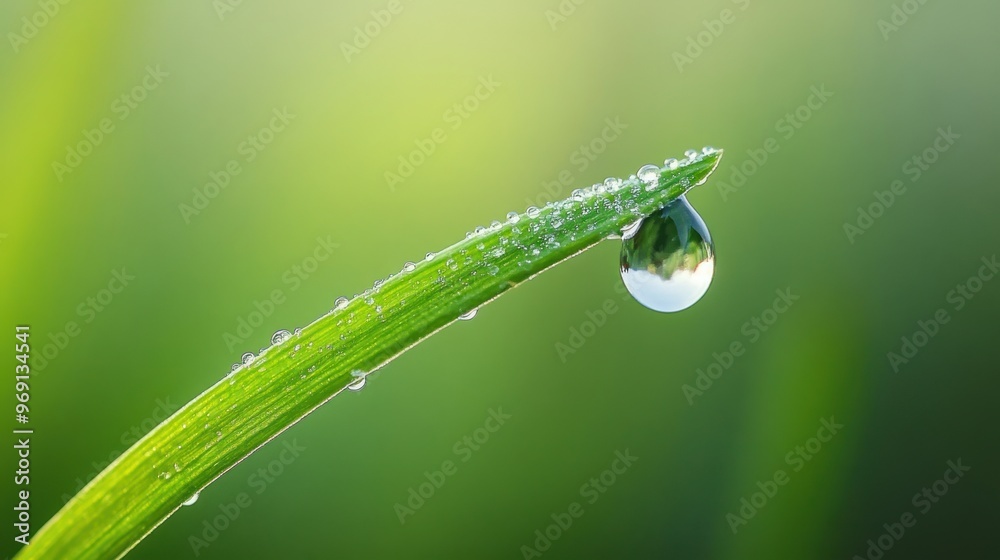 Obraz premium A close-up of a dewdrop on a green blade of grass, highlighting nature's beauty.