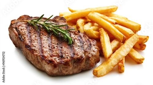 A classic steak and fries meal, featuring a juicy steak with crispy golden fries, all presented against a clean white background.