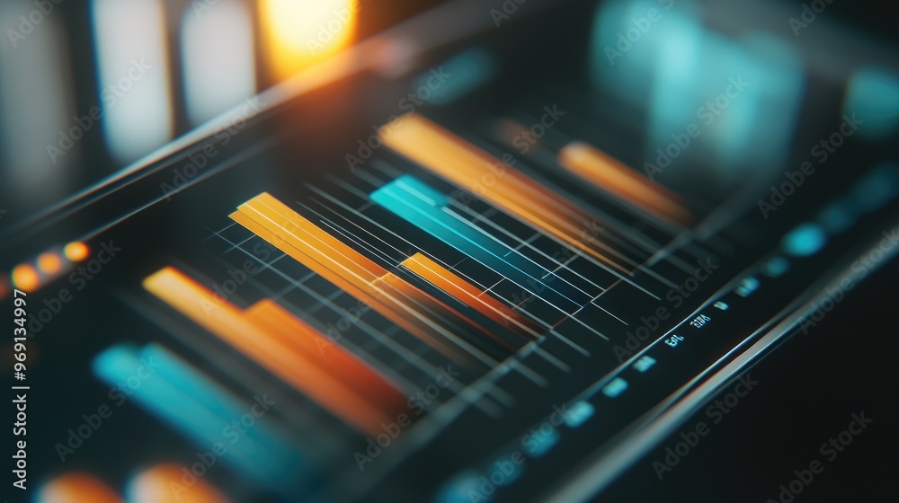 A close-up of a 3D bar graph on a tablet screen, with financial projections and data analysis tools for on-the-go business insights. A close-up of a 3D bar graph on a tablet screen, with financial projections and data analysis tools for on-the-go business insights.