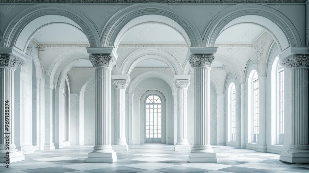Fototapeta premium A spacious, elegant interior featuring classical columns and large windows.