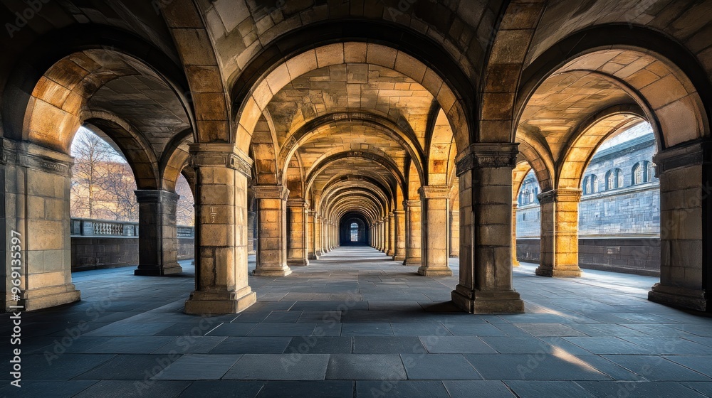 A serene corridor with arches, showcasing architectural beauty and warm lighting. A serene corridor with arches, showcasing architectural beauty and warm lighting.