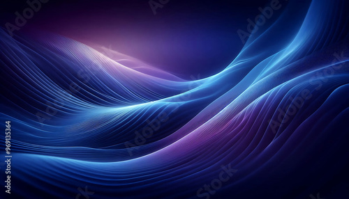 A smooth flowing abstract background featuring gradients of deep blues and purples with soft curves and light reflections creating a serene and ethereal ambiance