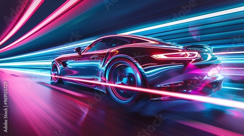 fast-paced automotive street race at night with a neon glowing sports car, highlighting cyberpunk aesthetics and motion blur effects in the tunnel