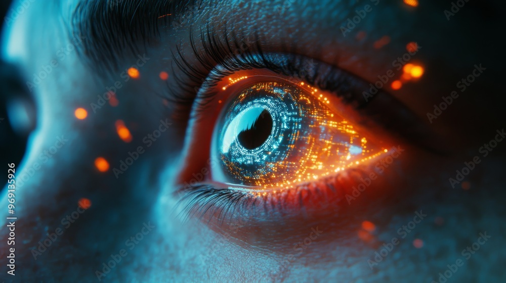 Cybernetic eyes with built-in AI providing augmented reality displays: A close-up of a human eye showing augmented reality data. Cybernetic eyes with built-in AI providing augmented reality displays: A close-up of a human eye showing augmented reality data.