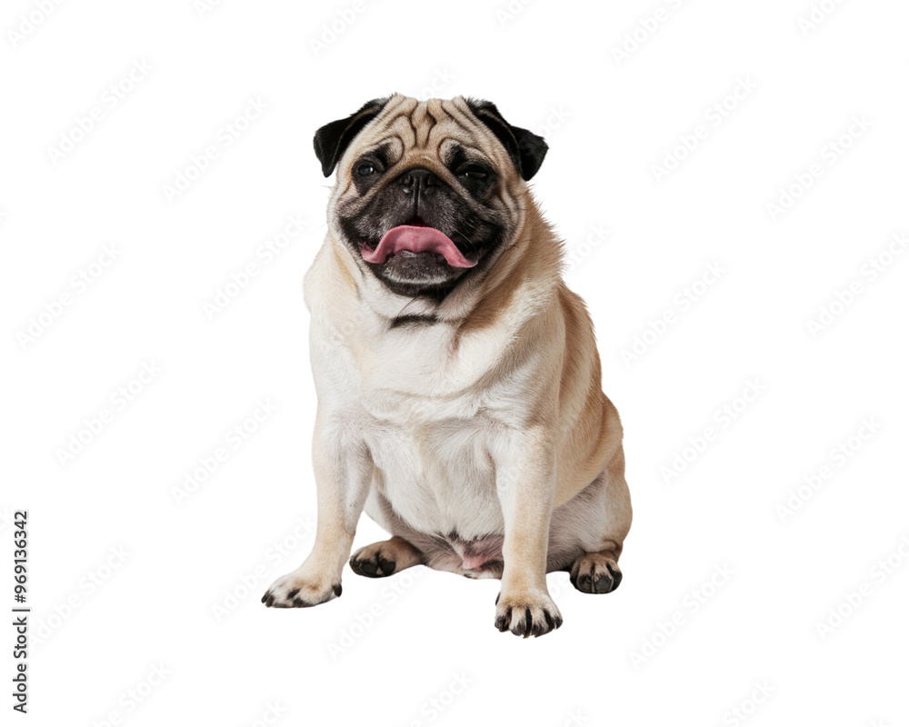A playful pug sitting on a transparent background with a cheerful expression A playful pug sitting on a transparent background with a cheerful expression