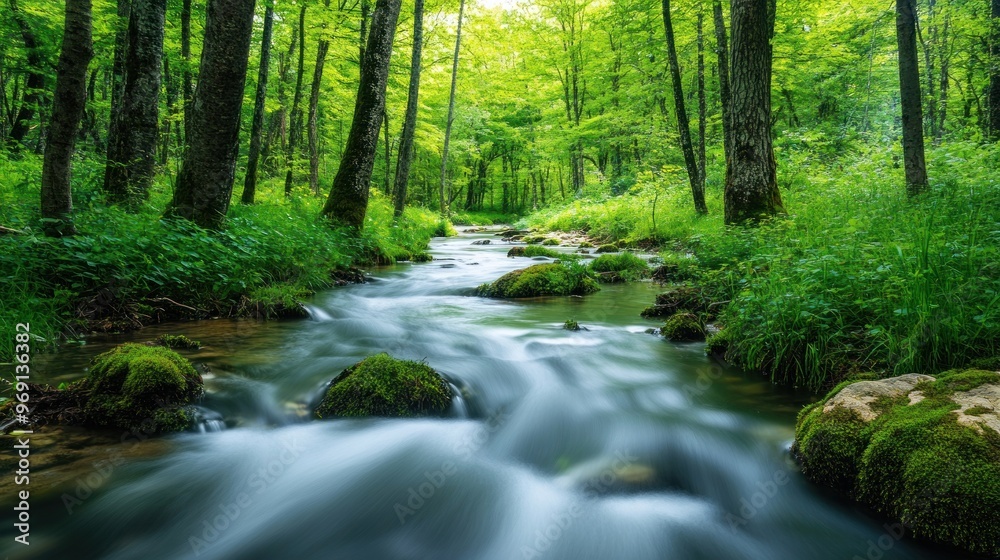 Obraz premium A serene forest stream flows through lush greenery, creating a peaceful natural scene.