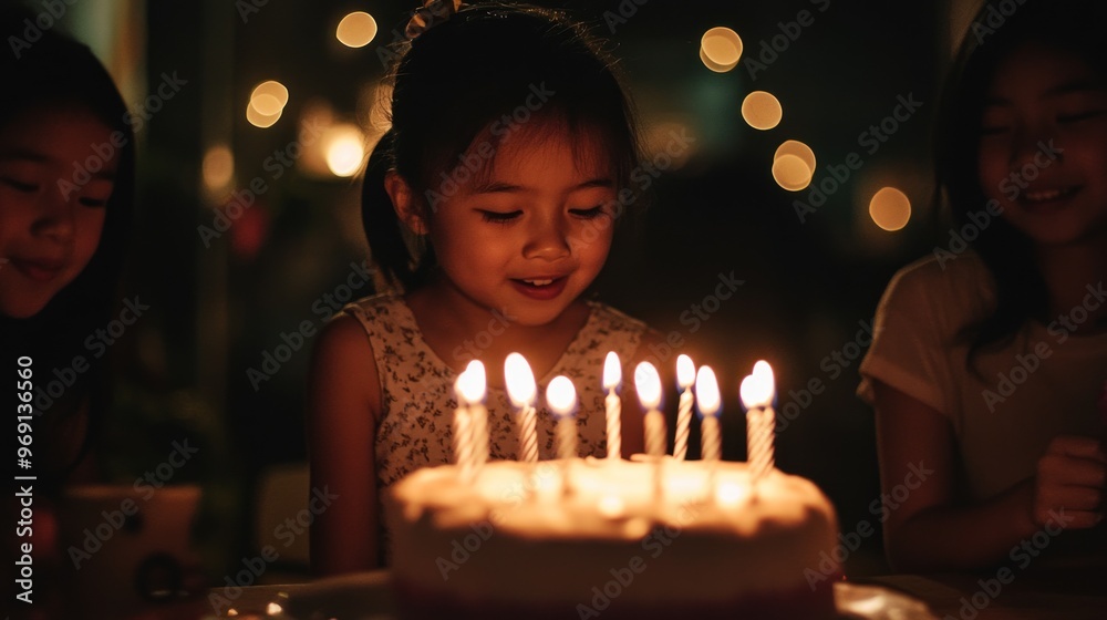 A child gazes at a birthday cake with candles, celebrating a joyful moment. A child gazes at a birthday cake with candles, celebrating a joyful moment.