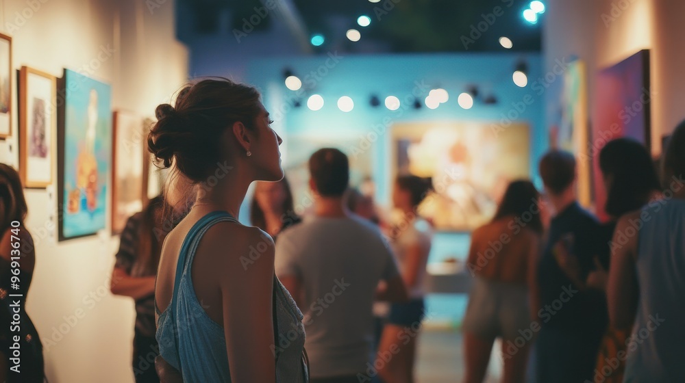 Fototapeta premium A gallery scene with people admiring artwork in a vibrant setting.