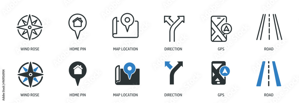 Navigation line and glyph solid icons collection. Minimal icon and symbol series vector illustration Navigation line and glyph solid icons collection. Minimal icon and symbol series vector illustration