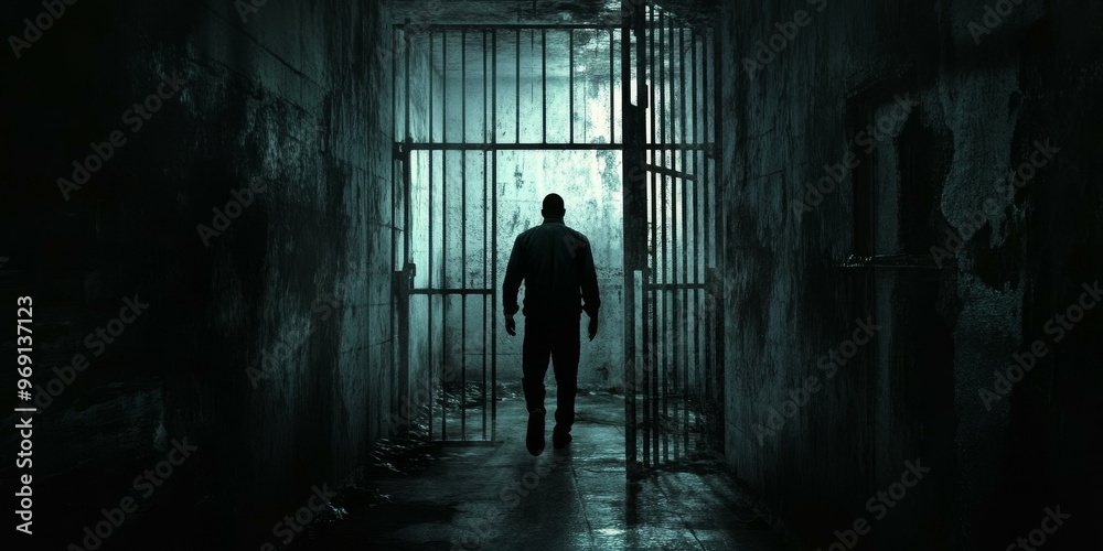 A man walks through a dark prison cell. A man walks through a dark prison cell.