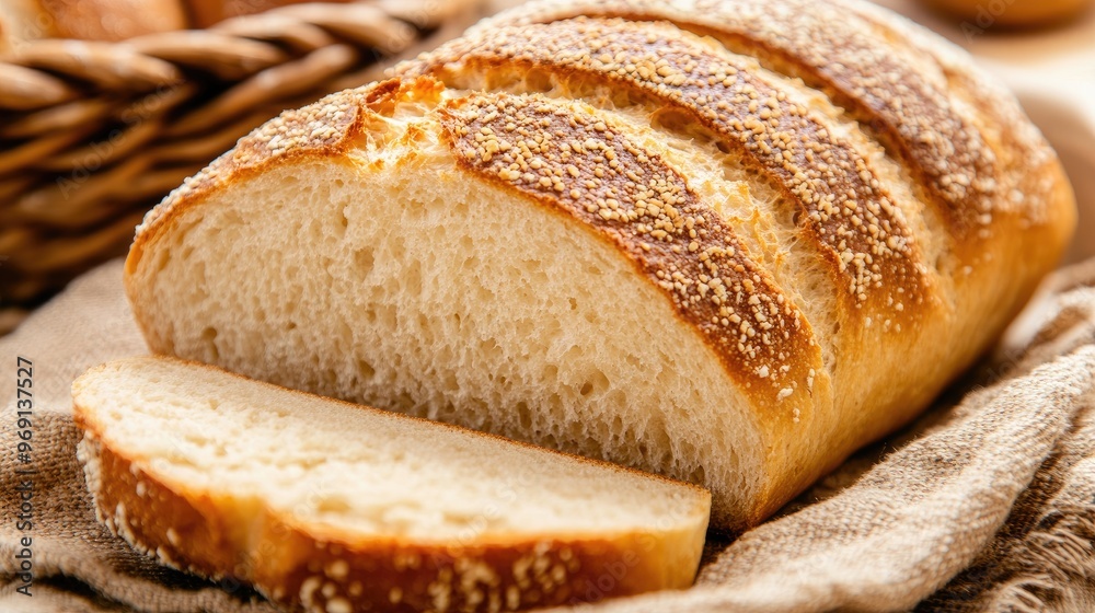 A close-up of a freshly baked loaf of bread with a crisp, golden crust and soft, airy interior, sliced and ready to serve. A close-up of a freshly baked loaf of bread with a crisp, golden crust and soft, airy interior, sliced and ready to serve.