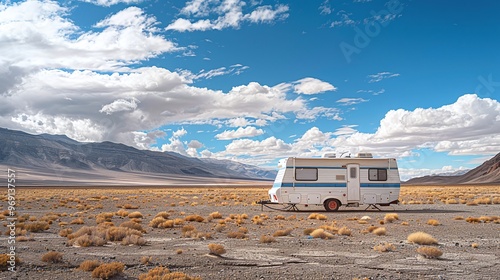 peaceful setting of a white RV camper parked in the desert with a vibrant blue sky and white clouds, offering a perfect backdrop for travel and adventure themes photo