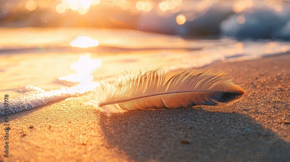 Serene Coastal Landscape with Delicate Feather on Sandy Beach at Sunset Serene Coastal Landscape with Delicate Feather on Sandy Beach at Sunset