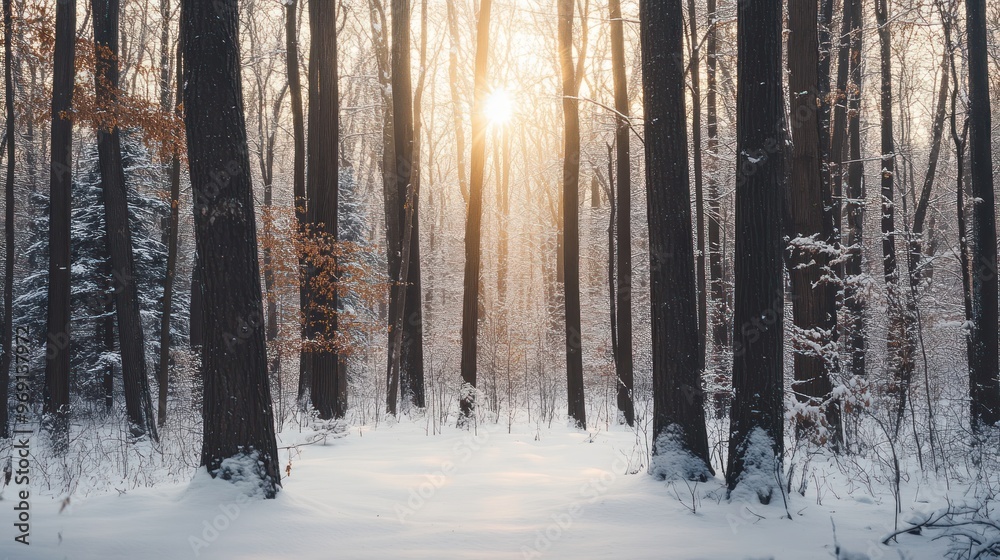 Fototapeta premium A serene winter forest with sunlight filtering through snow-covered trees.