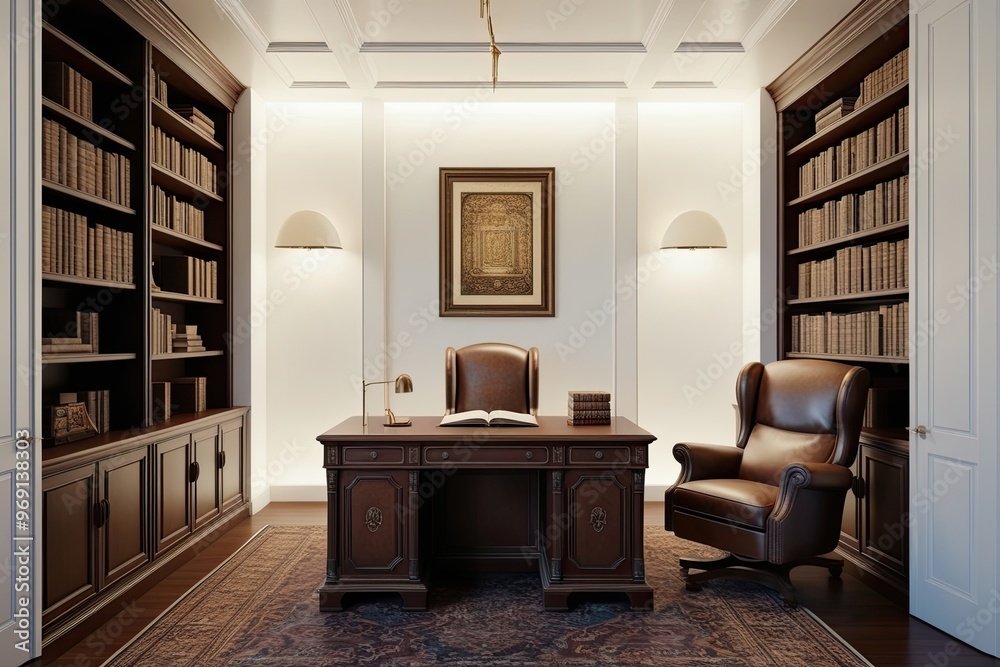 3D Visualization of Academic Study Room Featuring Classic Desk Vintage Recliner and Soft Lighting on Bright White Background 3D Visualization of Academic Study Room Featuring Classic Desk Vintage Recliner and Soft Lighting on Bright White Background