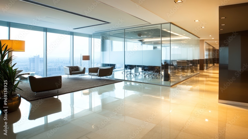 Modern Office Interior with Glass Walls and City View Modern Office Interior with Glass Walls and City View