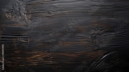 A textured black surface with subtle grooves and highlights, resembling wood or abstract art. photo