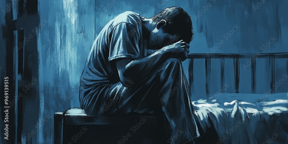 Man sits hunched, head in hands, on bed. Man sits hunched, head in hands, on bed.