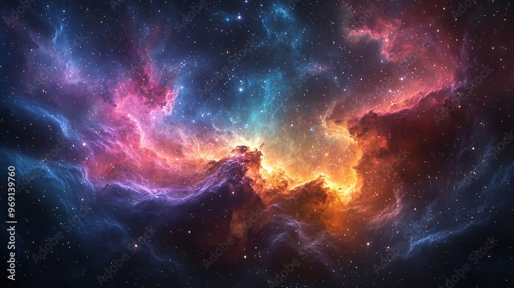 Semiabstract image of a galaxy with stars and swirling nebulae blending into vibrant colors representing the vastness and mystery of the universe Semiabstract image of a galaxy with stars and swirling nebulae blending into vibrant colors representing the vastness and mystery of the universe