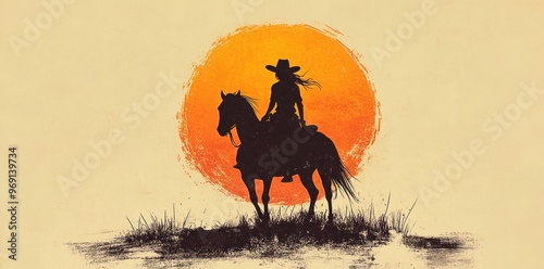 Silhouette of a Cowgirl Riding a Horse at Sunset