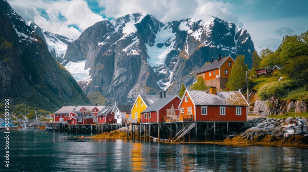 Fototapeta premium Colorful Fishing Cabins by the Water Surrounded by Majestic Mountains and Snowy Peaks