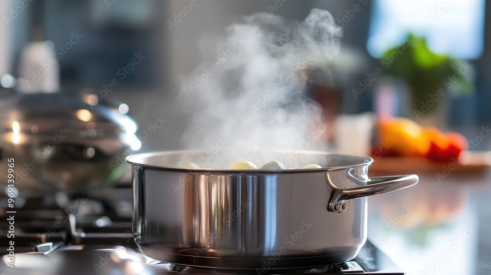 A close-up of a stainless steel pot on a modern stove, with steam rising from a simmering soup and a few ingredients visible in the background. A close-up of a stainless steel pot on a modern stove, with steam rising from a simmering soup and a few ingredients visible in the background.