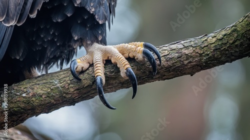 Close-up of a bird's claws gripping a tree branch in a natural setting. photo