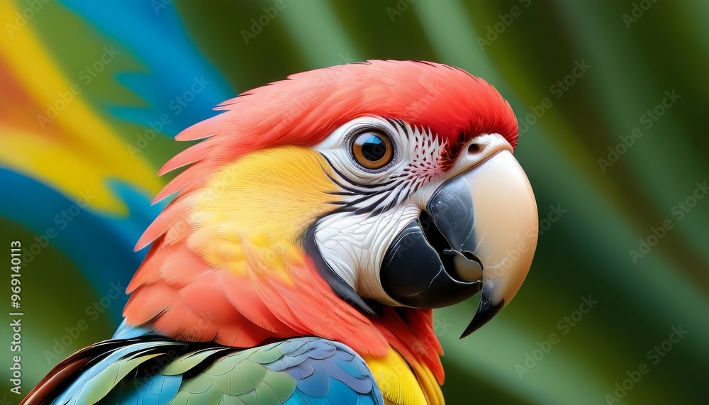 Fototapeta premium A vibrant and colorful close-up of a parrot with intricate details of its feathers. The parrot's bright colors and sharp gaze capture the viewer's attention, showcasing the beauty of this exotic bird