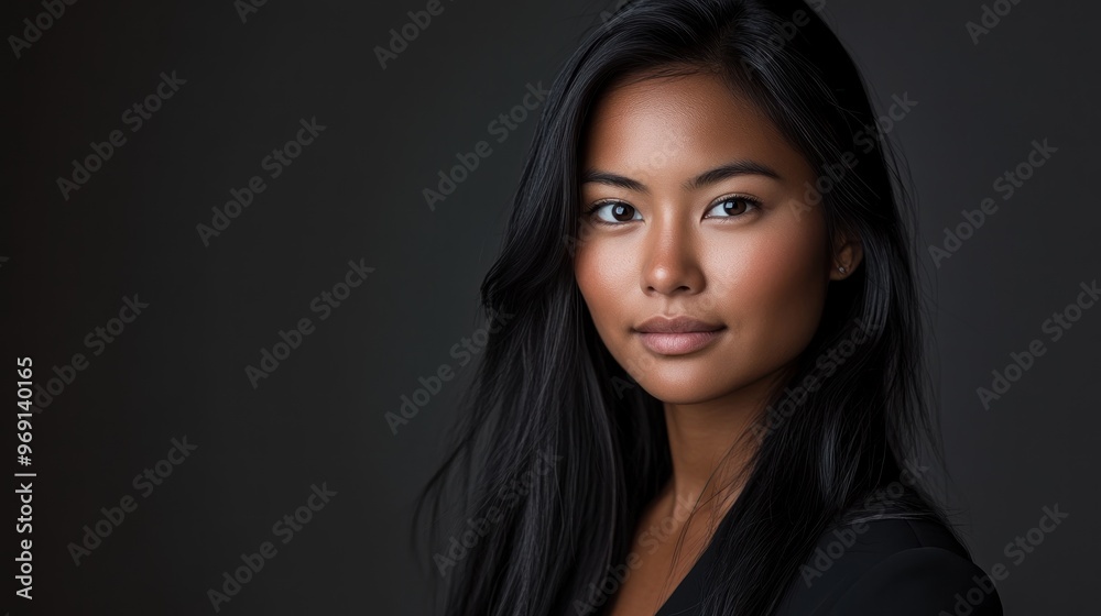 A portrait of a woman with long hair against a dark background, exuding confidence and grace. A portrait of a woman with long hair against a dark background, exuding confidence and grace.