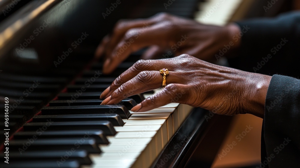 Fototapeta premium Close-up of hands playing a piano, showcasing musical expression and artistry.