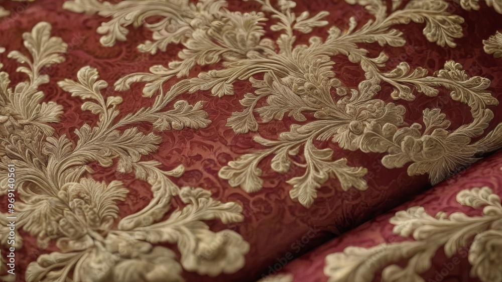 Close-up of a brocade fabric, highlighting the rich, ornate patterns and luxurious texture with shimmering threads. Close-up of a brocade fabric, highlighting the rich, ornate patterns and luxurious texture with shimmering threads.