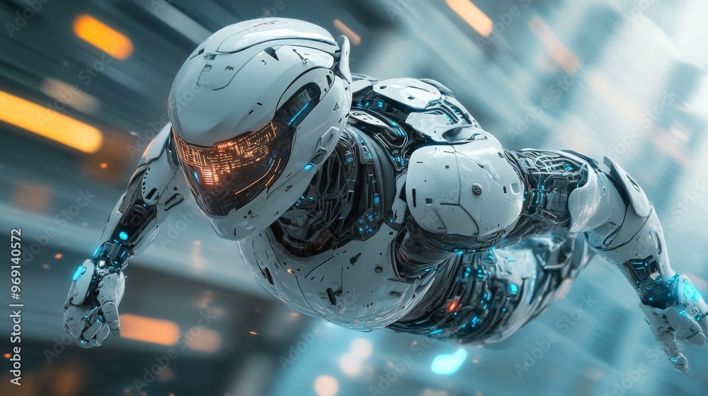 Futuristic human augmentation for enhanced abilities: A person with high-tech cybernetic enhancements improving their strength or speed.