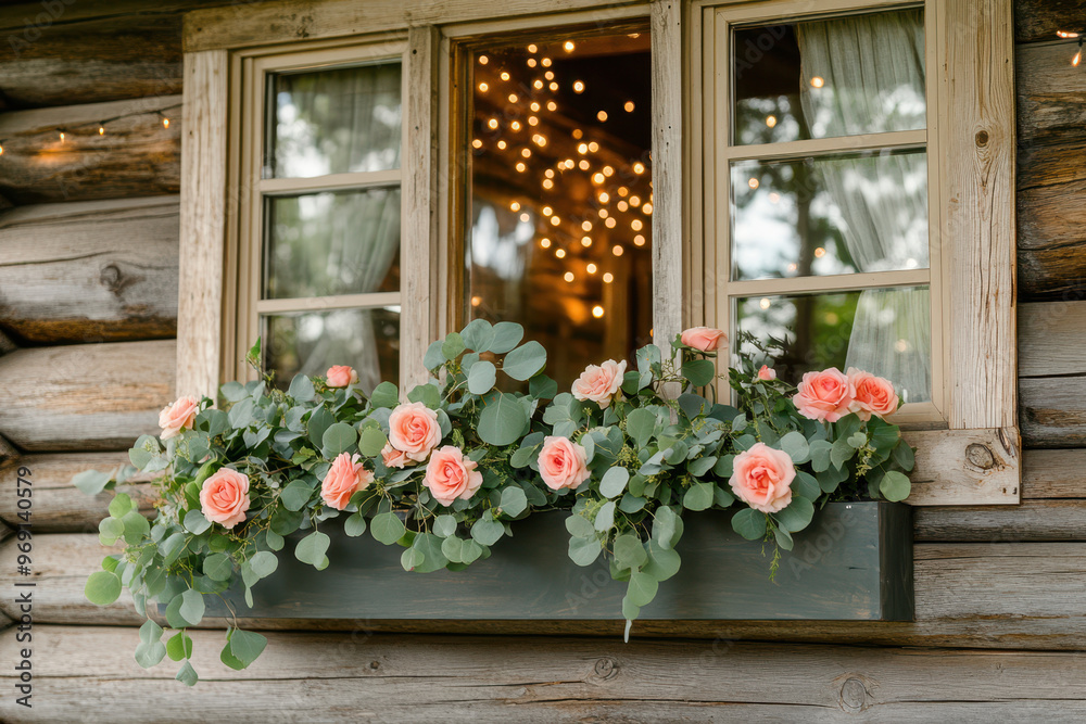 Obraz premium Floral window boxes with coral roses and eucalyptus on the front porch of an old log cabin.