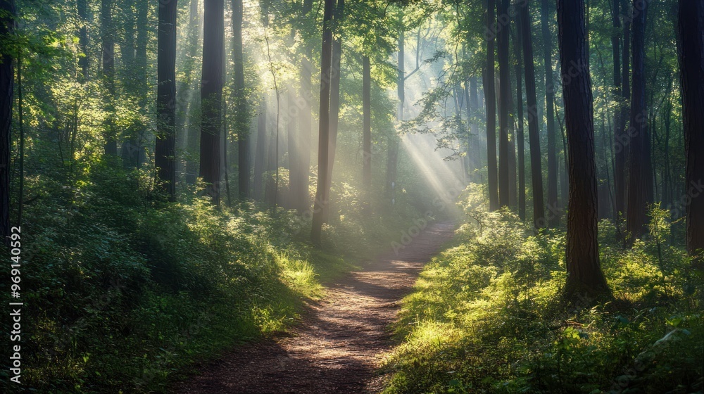 A serene forest path illuminated by soft sunlight, inviting exploration and tranquility. A serene forest path illuminated by soft sunlight, inviting exploration and tranquility.