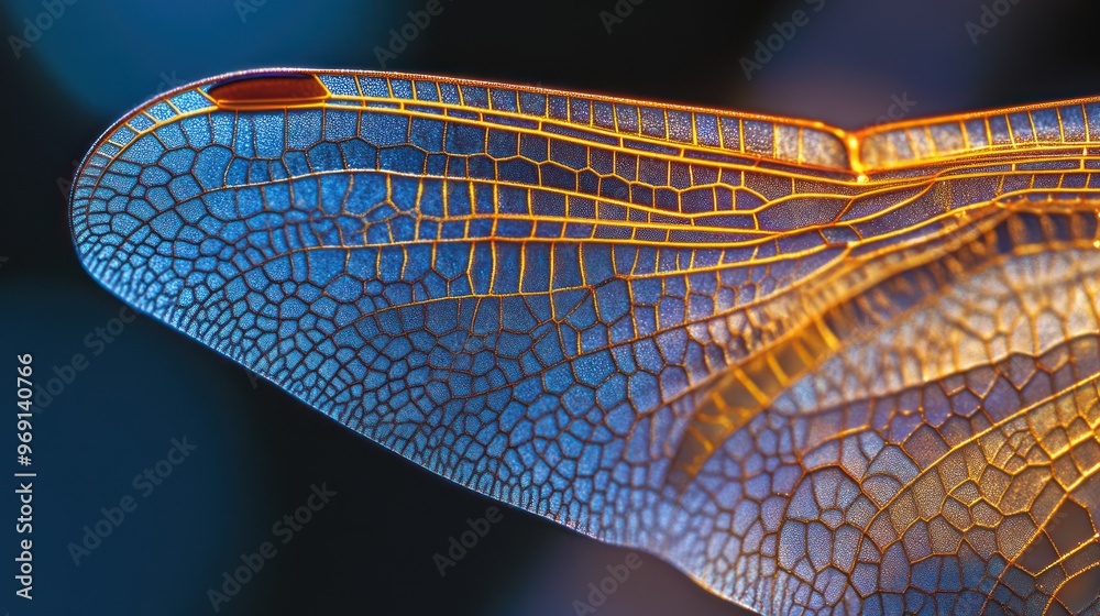 Close-up of a delicate, translucent insect wing showcasing intricate patterns and colors. Close-up of a delicate, translucent insect wing showcasing intricate patterns and colors.