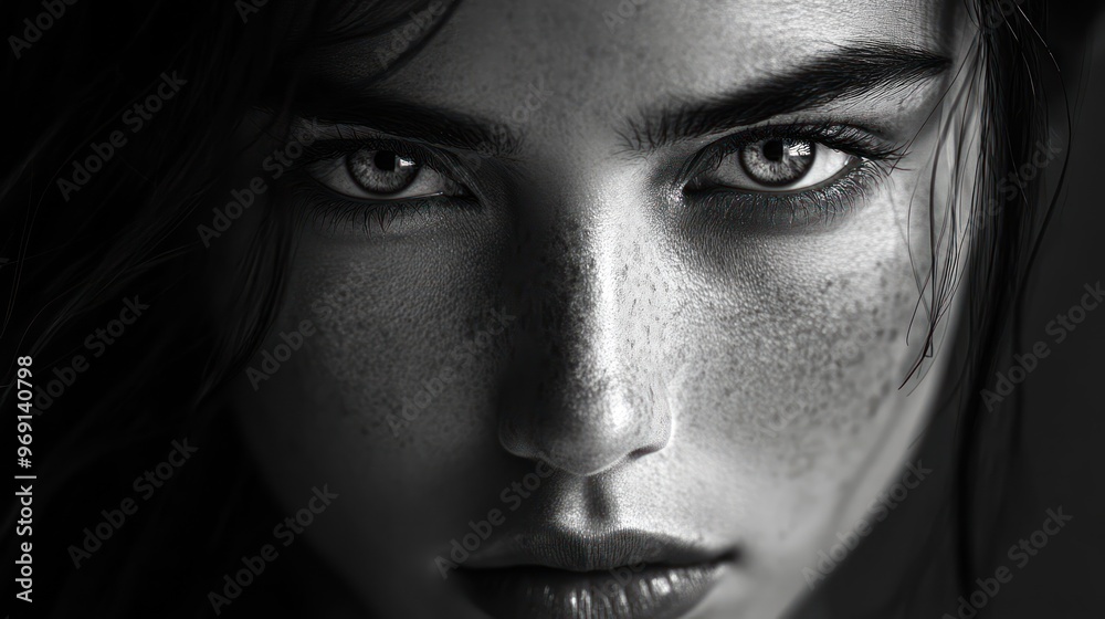 A close-up black and white portrait emphasizing striking eyes and facial features. A close-up black and white portrait emphasizing striking eyes and facial features.
